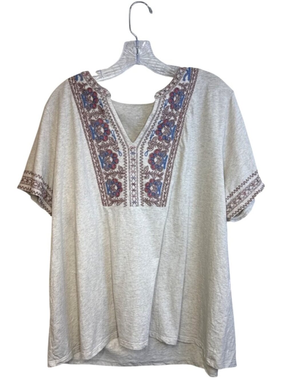 Pure Jill Embroidered Tee Sz 2x Split Neck Cotton Top Oatmeal Bohemian Hippie